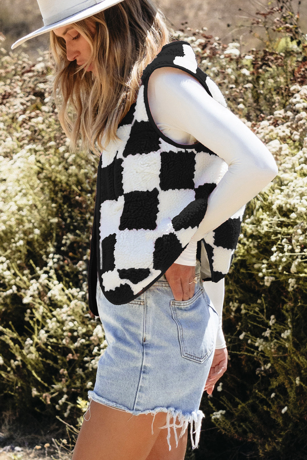 Black Checkered Sherpa Collared Jacket Vest