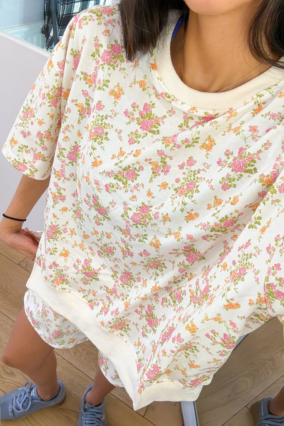 Women's Sky Blue Floral Print Short-Sleeve Elastic Waist Pocket Two-Piece Set
