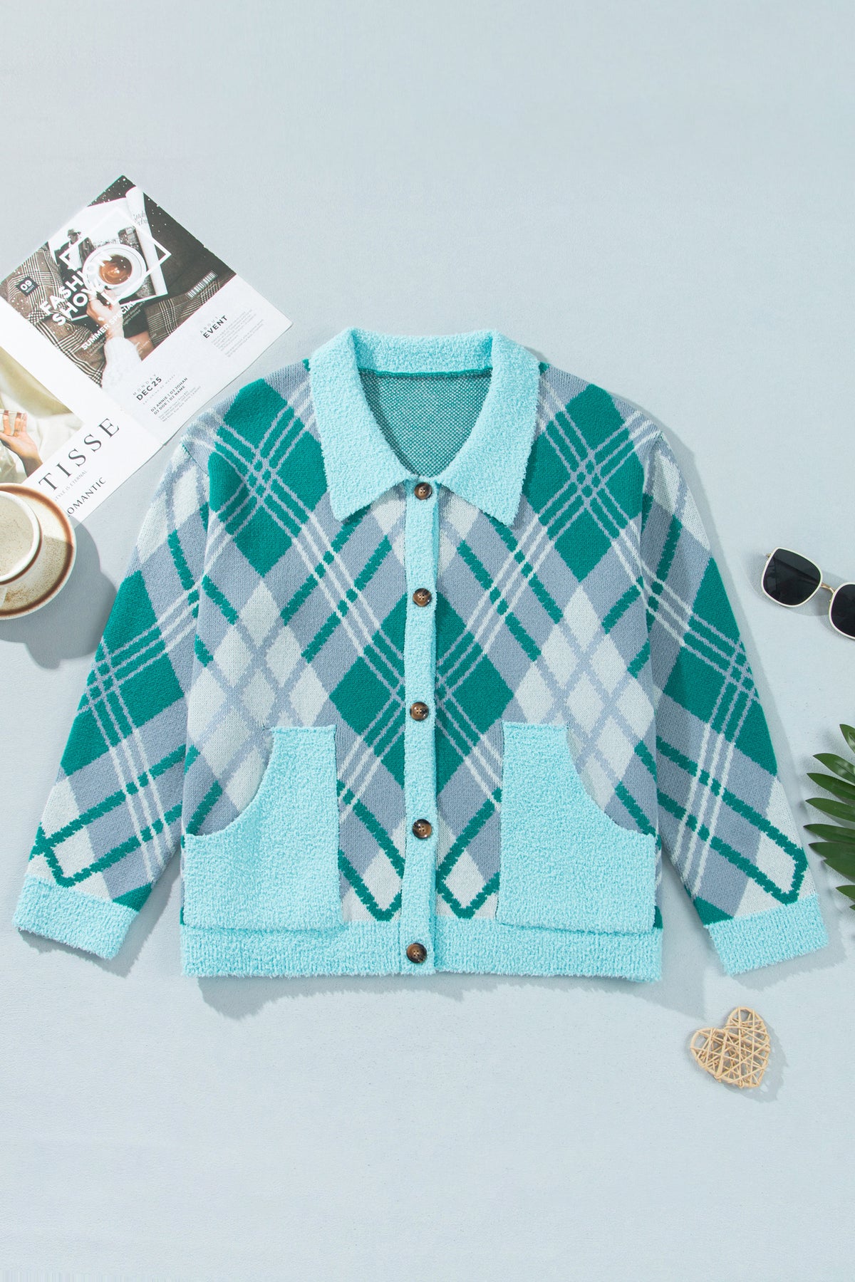 Green Plaid V-Neck Long-Sleeve Shift Cardigan Sweater