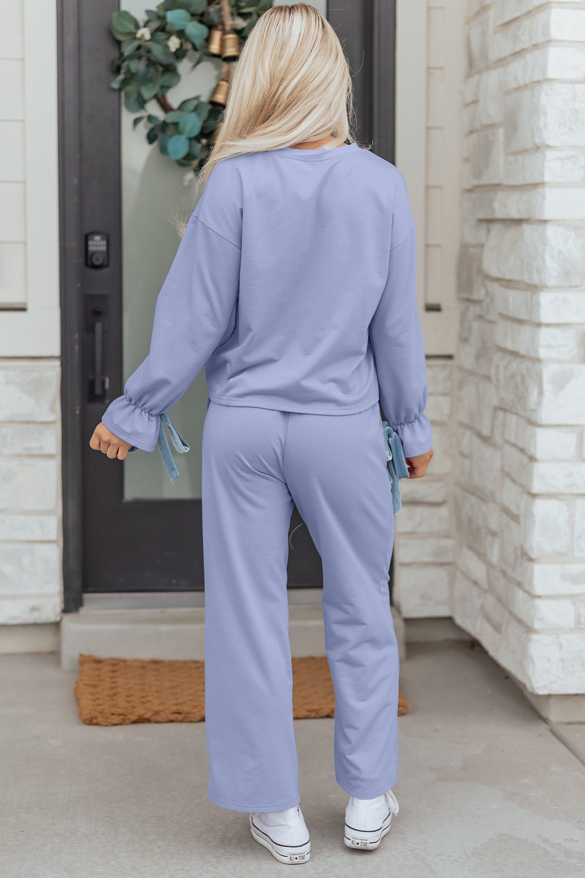 Beau Blue Flounce Long Sleeve Top Drawstring Pants Contrast Velvet Bow Lounge Set