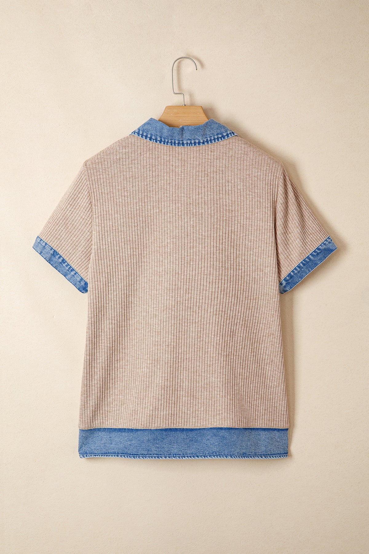 Beige Ribbed Knit Denim Color Block Patchwork Button Detail Collared Blouse