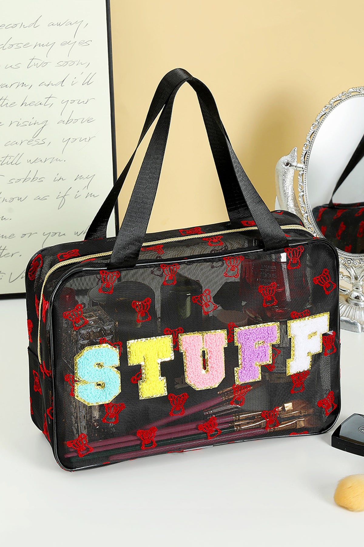 Black STUFF Chenille Letter Patched Teddy Bear Mesh Lightweight Makeup Bag