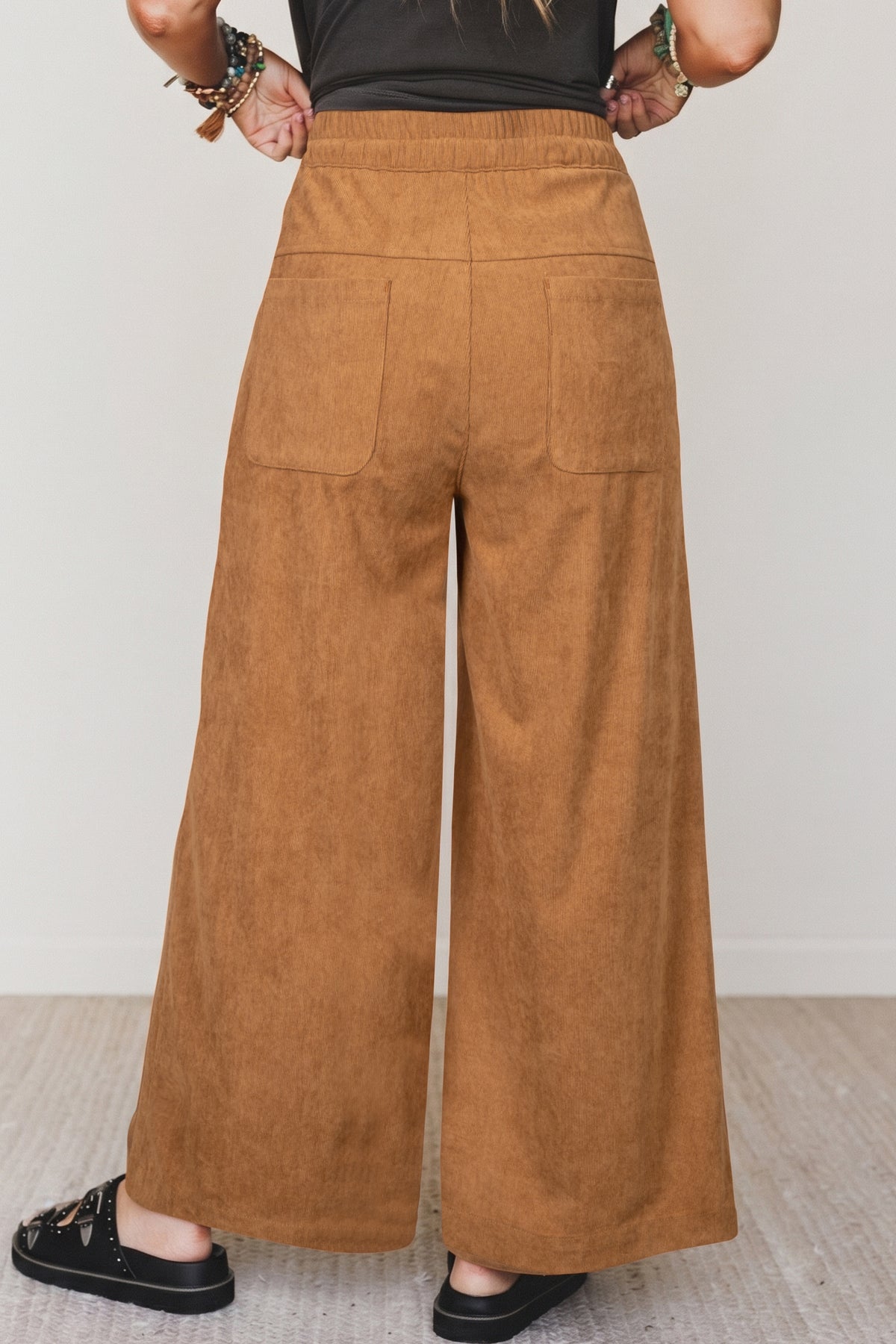 Thai Curry Elastic Waist Wooden Button Placket Ankle Length Wide Pants