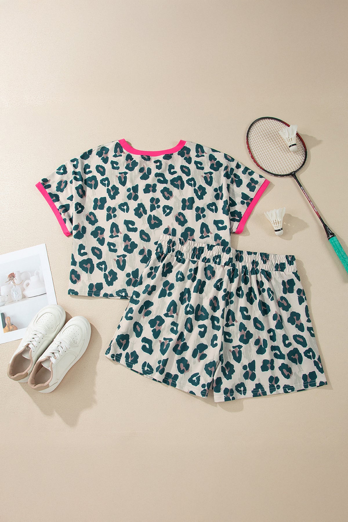 Brown Plus Size Leopard Color-Block Trim Short 2pcs Set