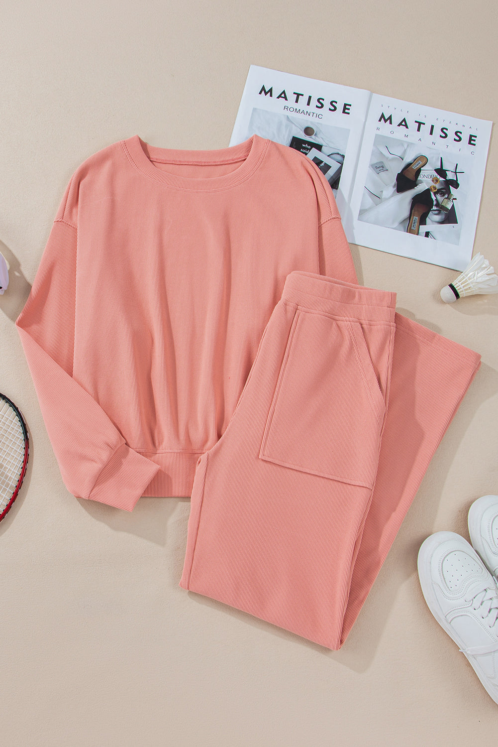 Women's Blossom Ribbed Knit Drop Shoulder Pocketed Two-Piece Lounge Set
