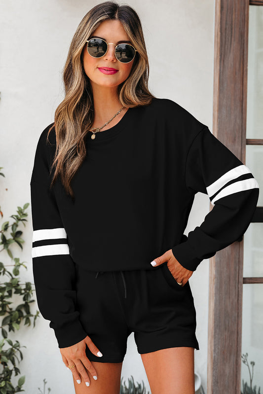 Black Varsity Striped Sleeve Sweatshirt and Short Set