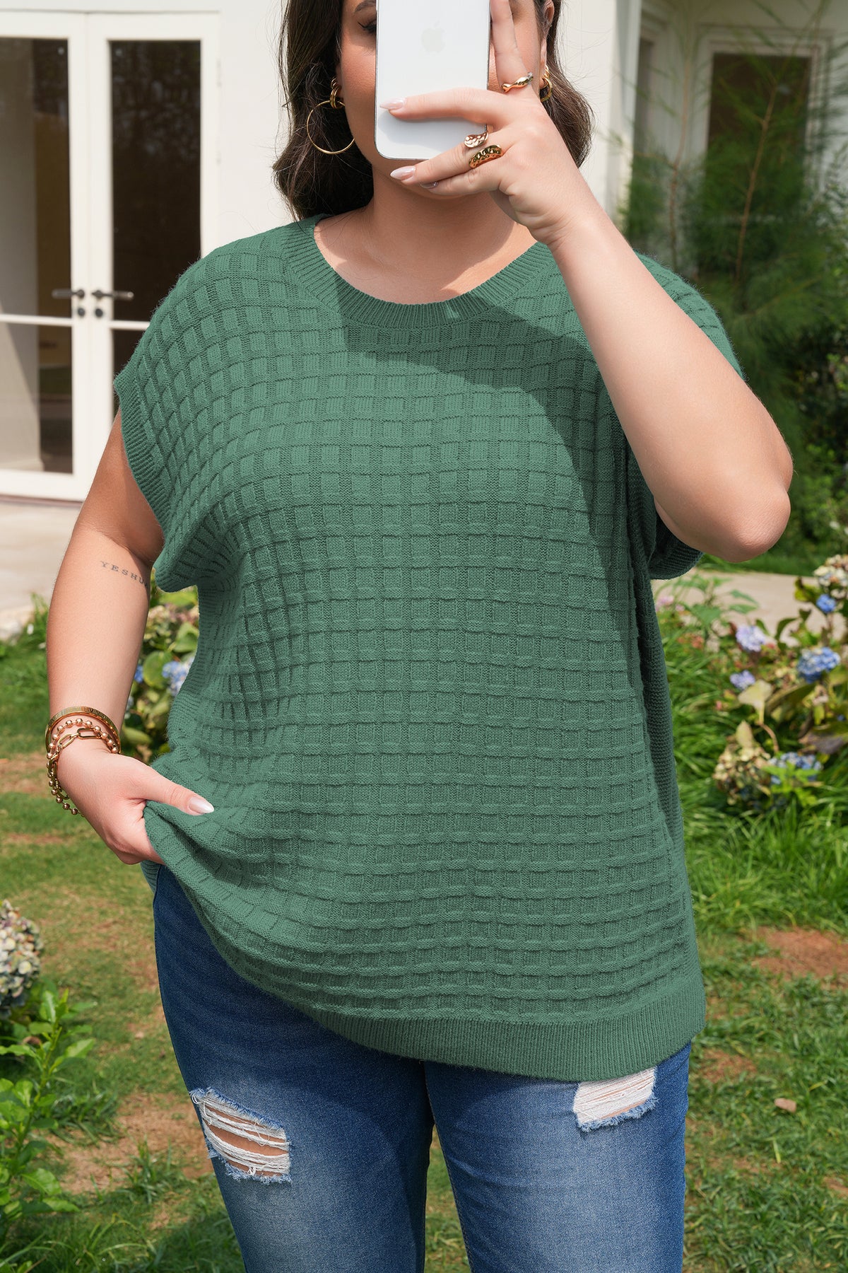 Mist Green Plus Size Solid Color Textured Knit Short-Sleeve Sweater