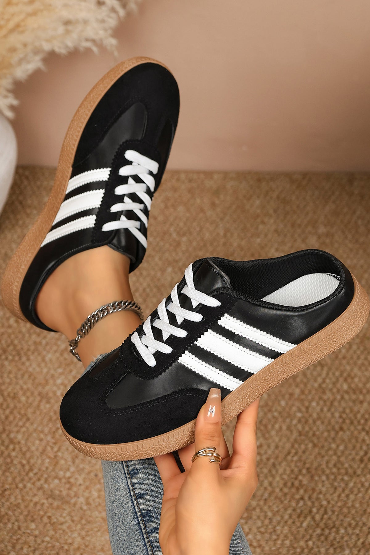 black PU Leather Color Block Varsity Lace-Up Sneakers