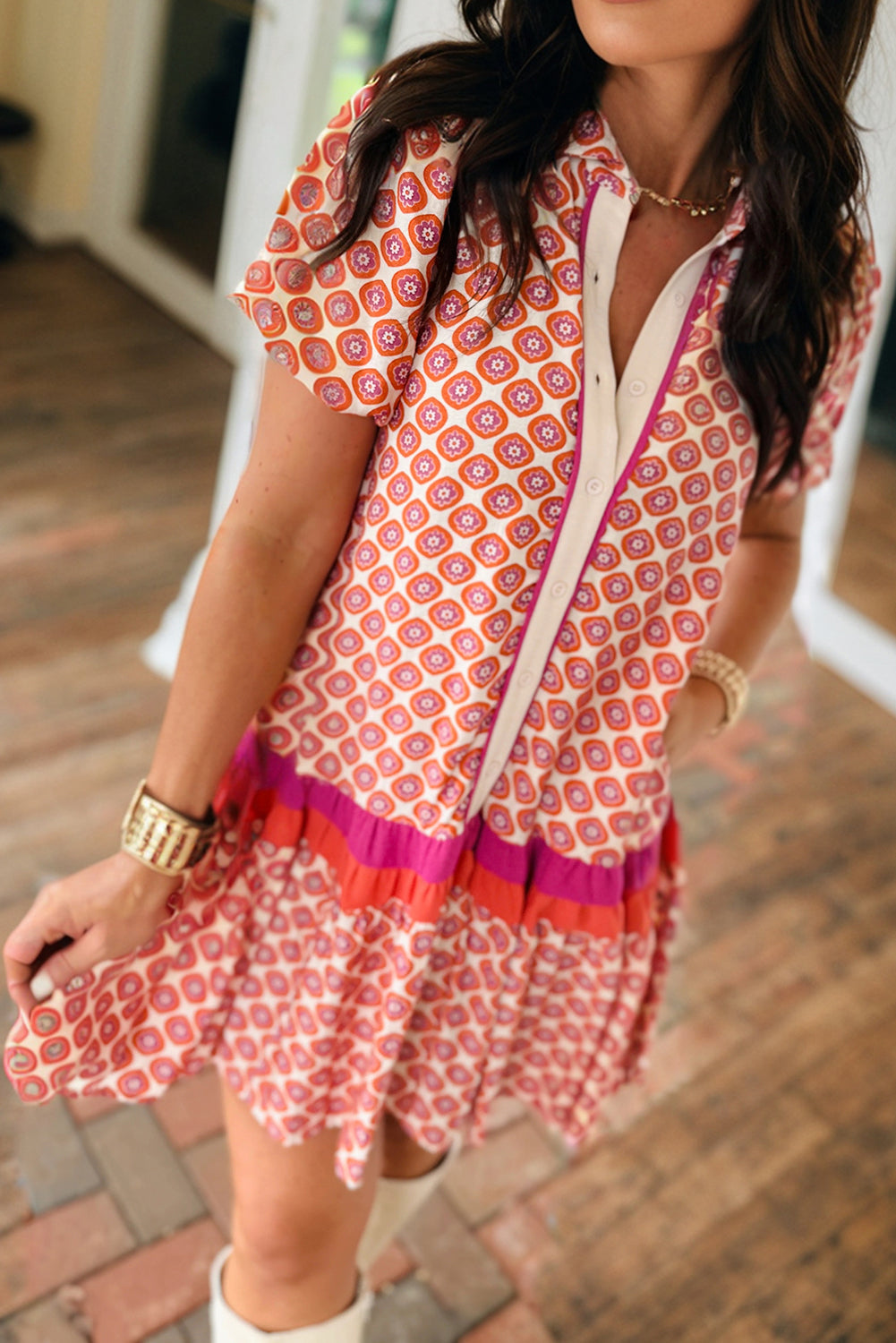 Orange Geometric Floral Print Color Block Trim Ruffle Hem Dress