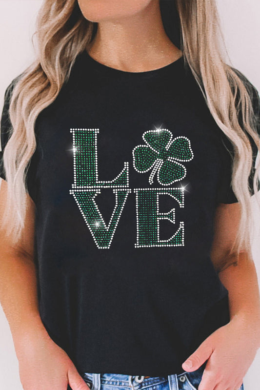 Black Clover LOVE Rhinestone Graphic St Patricks Day T-Shirt