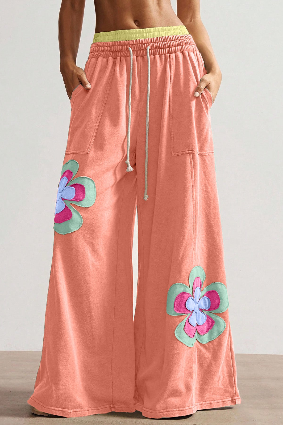 Grapefruit Orange Color Block Flower Patchwork Drawstring Pants