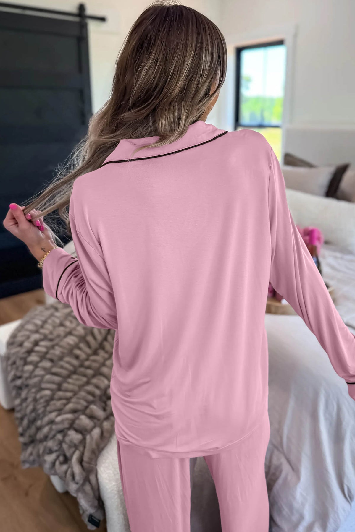 Delicacy Contrast Piping Lapel Button Down Pajama Set