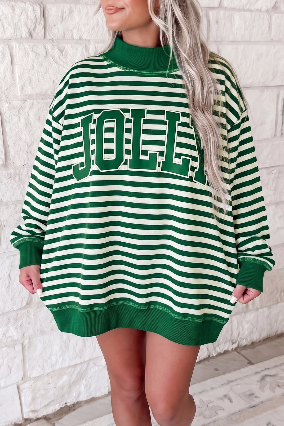 Red Stripe Christmas Slogan Mock Neck Oversized Sweatshirt