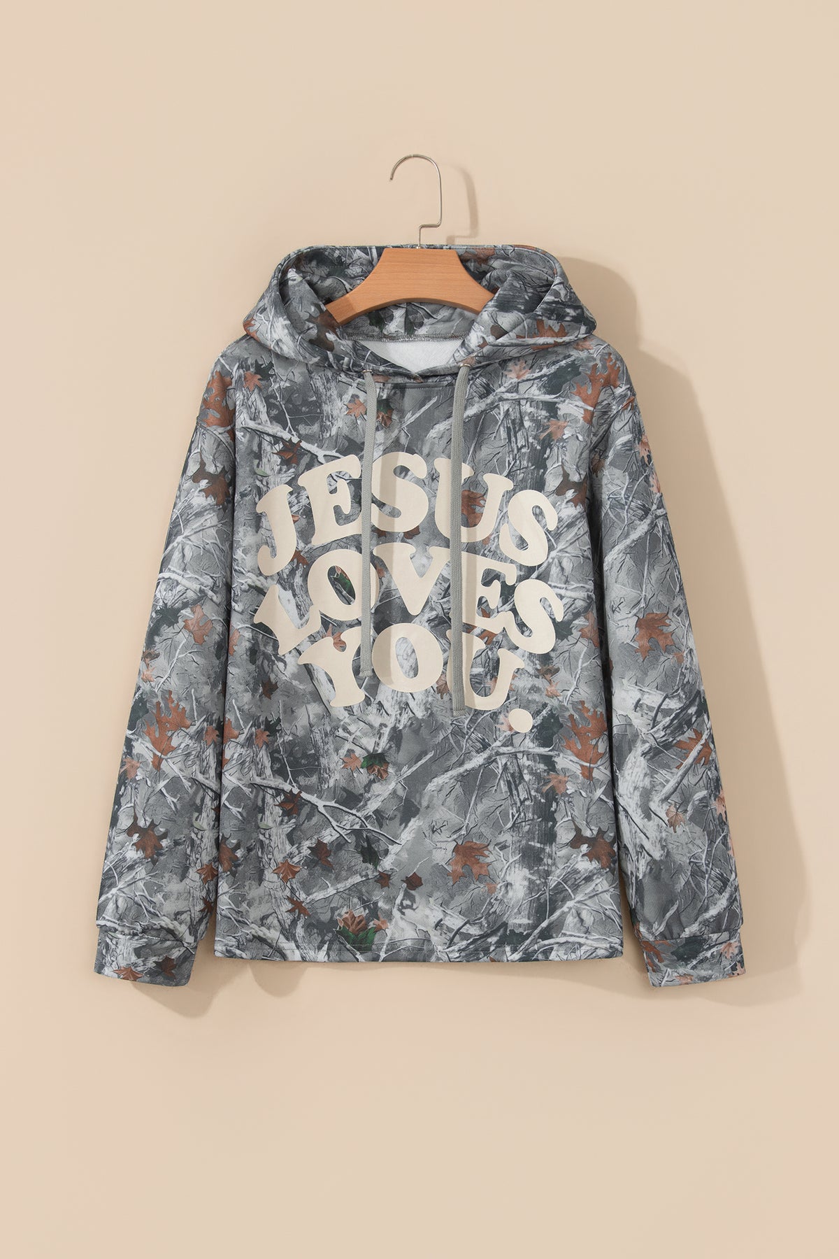 Beige Woodland Camo JESUS LOVES YOU Tunic Hoodie