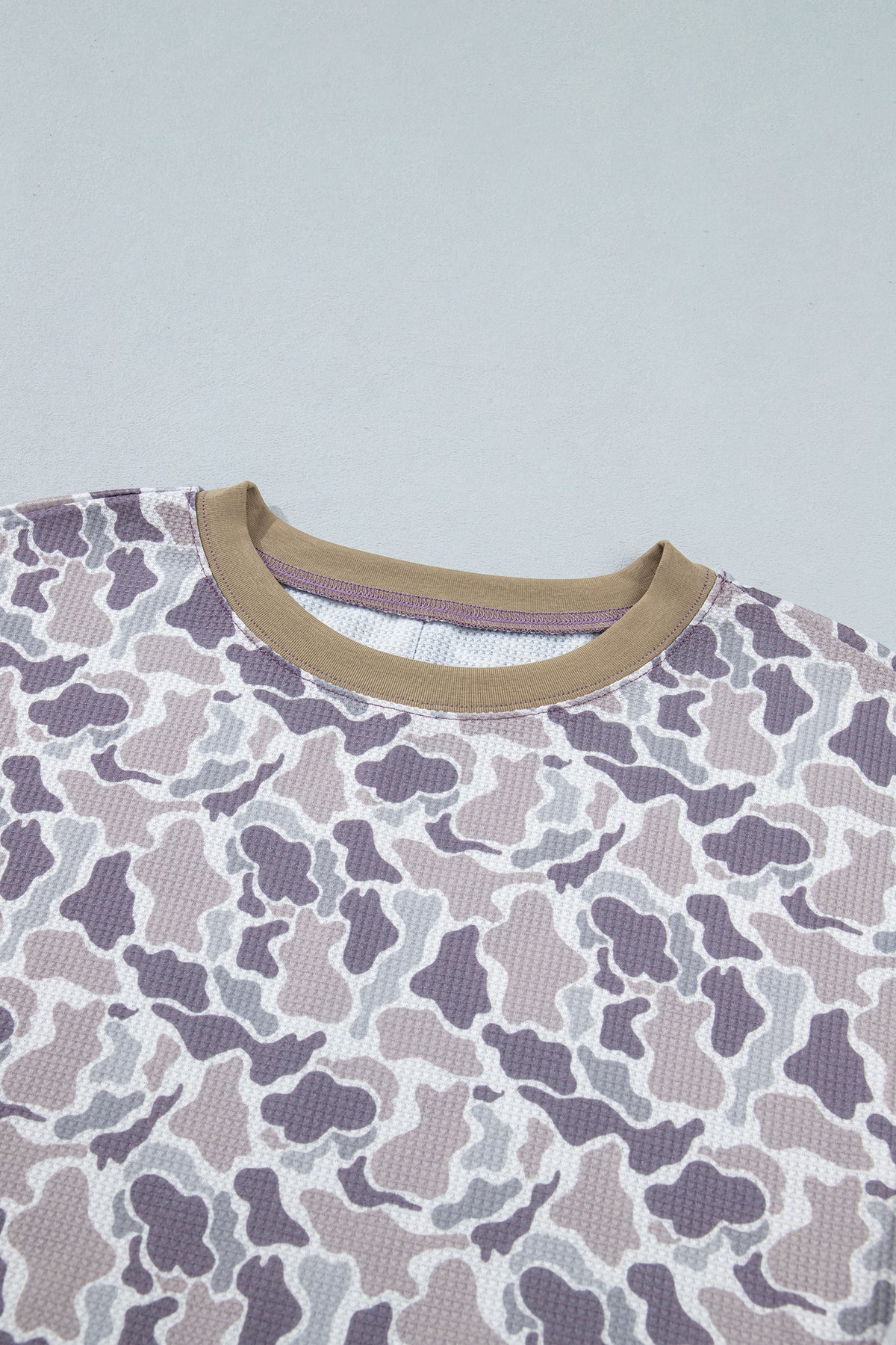 Khaki Camouflage Print Textured Knit Color Block Trim Top