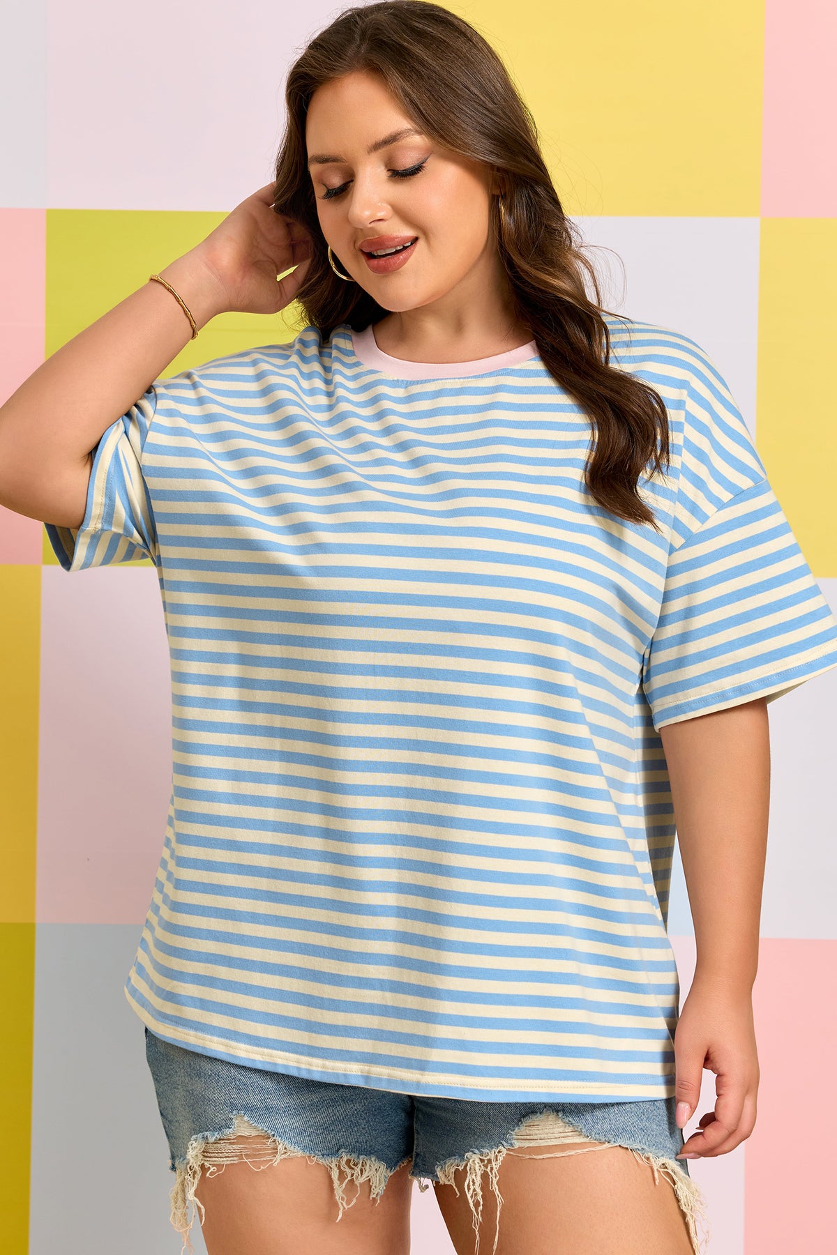Sky Blue Stripe Plus Size Drop-Shoulder Contrast Trim Round-Neck Tee