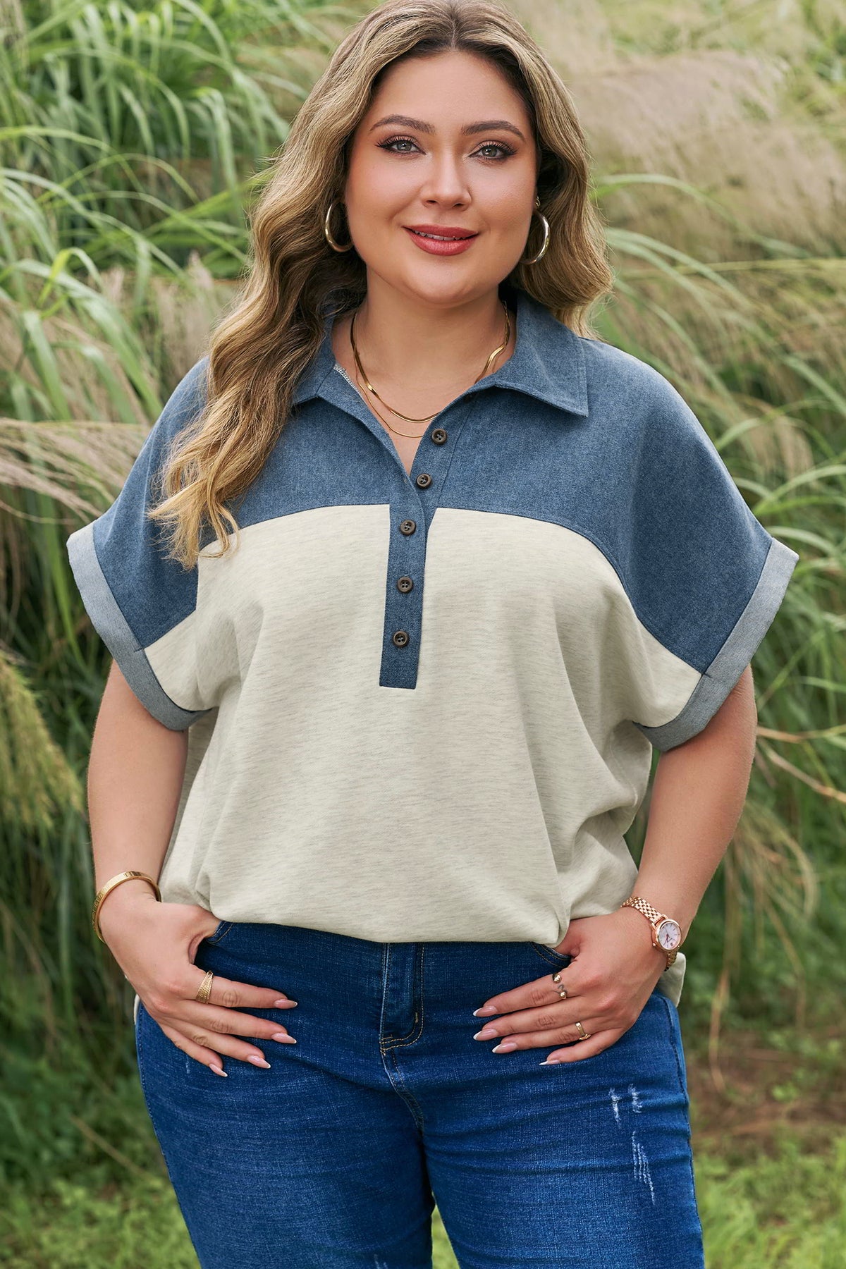 Light Grey Half Buttons Collared Denim Patchwork Plus Short-Sleeve Top