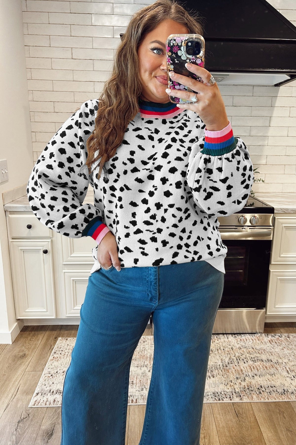 White Leopard Print Color-Block Round-Neck Long-Sleeve Tunic Plus Size Sweater