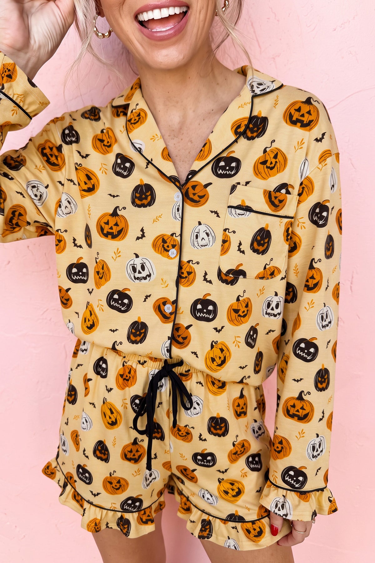Orange Long Sleeve Ruffle Pumpkin Face Print Lounge Set