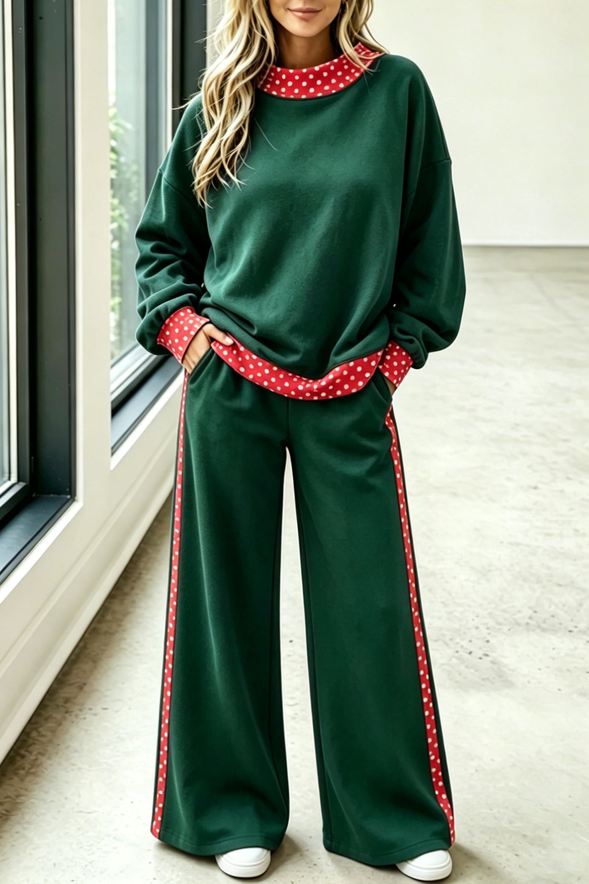 Blackish Green Polka Dot Trim Color Block Pants Set