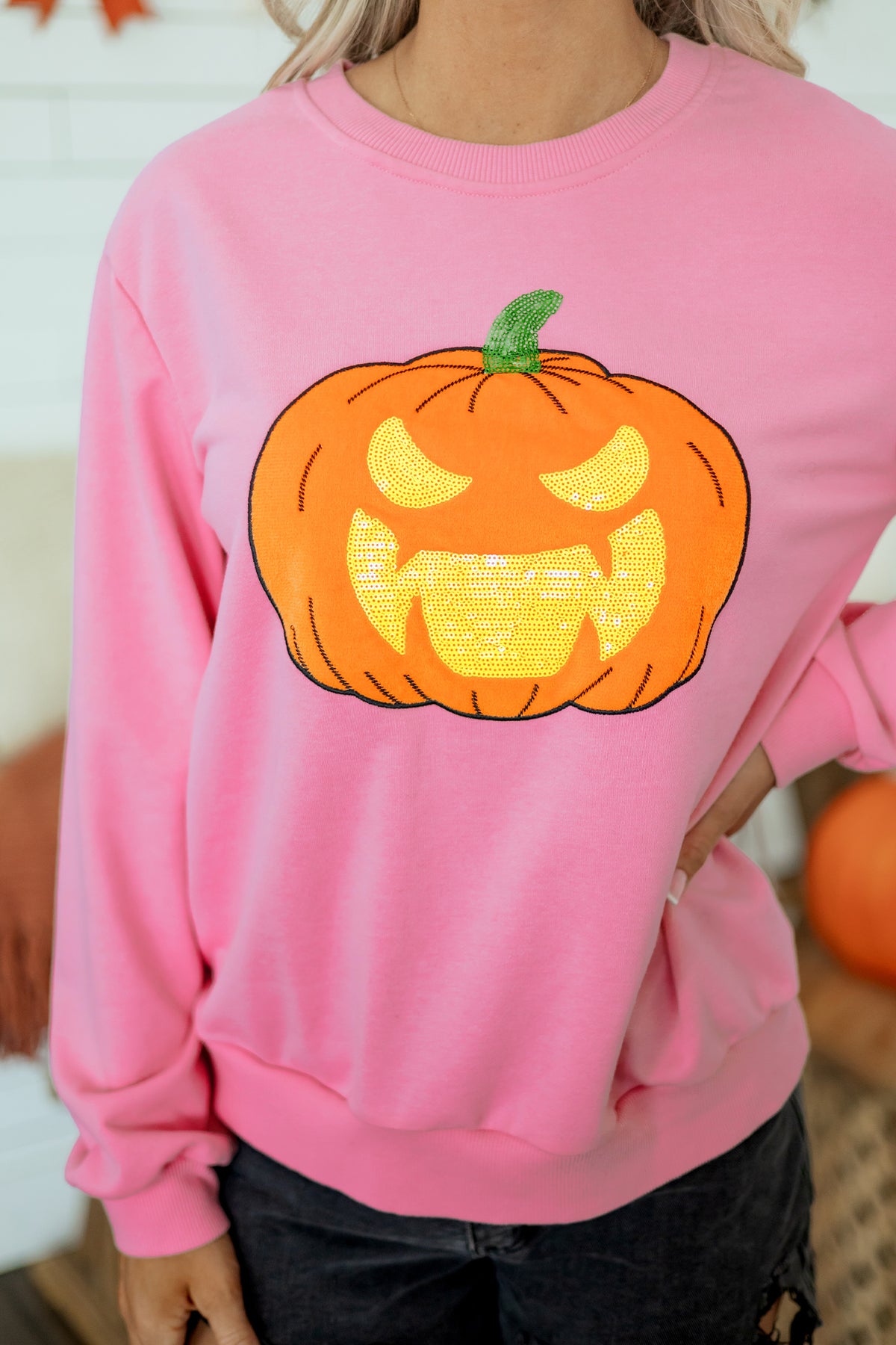 Pink Embroidered Pumpkin Face Round Neck Sweatshirt