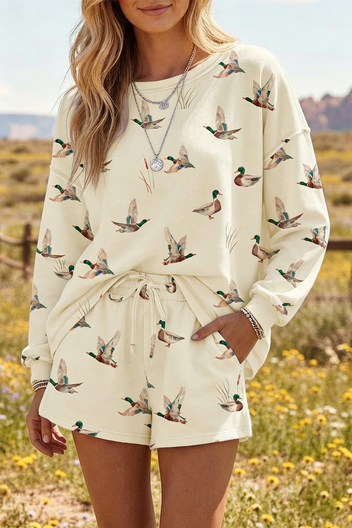 Women's Beige Free Mallard Print Long-Sleeve Top Drawstring Shorts Set