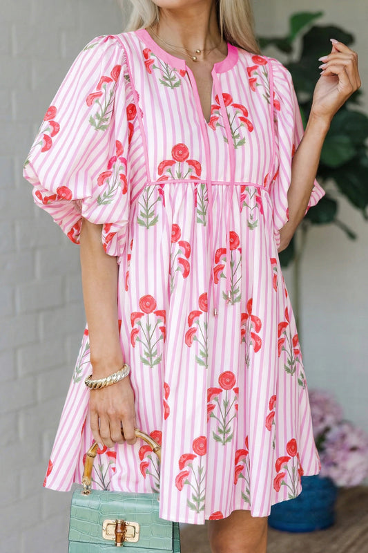Pink Floral Striped Tie Notched Neck Puff Sleeve Flared Mini Dress