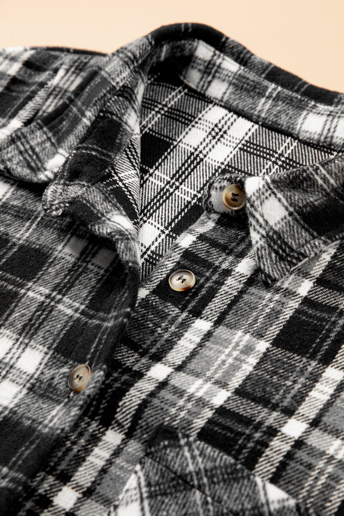 Black Plaid Long-Sleeve V-Neck Shift Plus Size Shirt Jacket