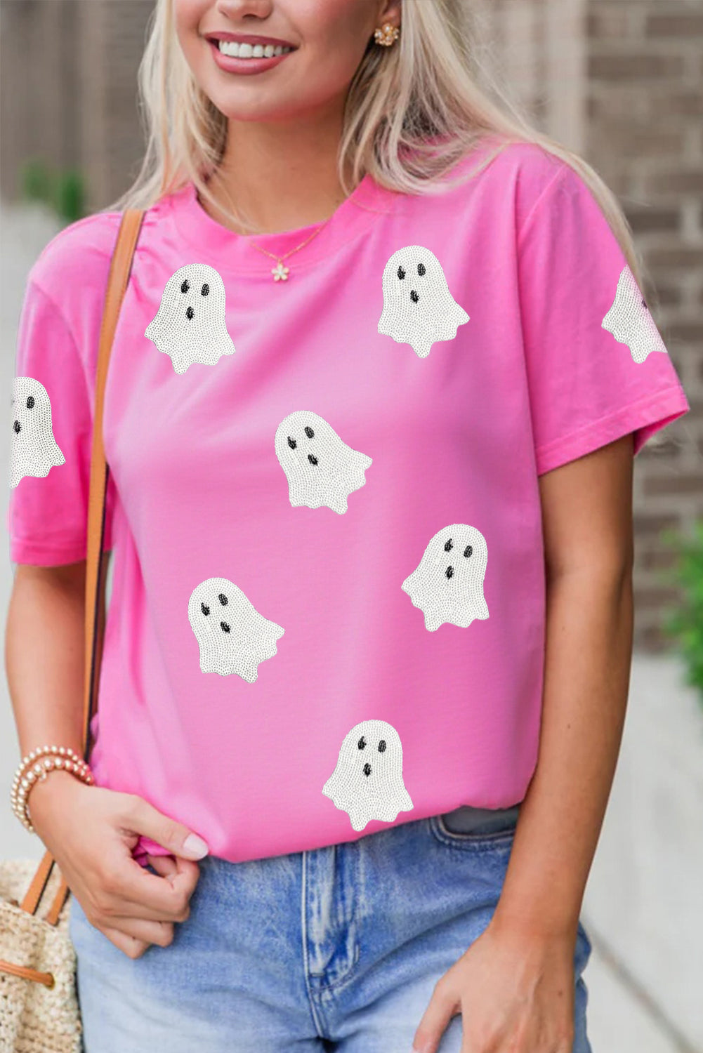 Black Sequin Halloween Ghost Patched Casual T-Shirt