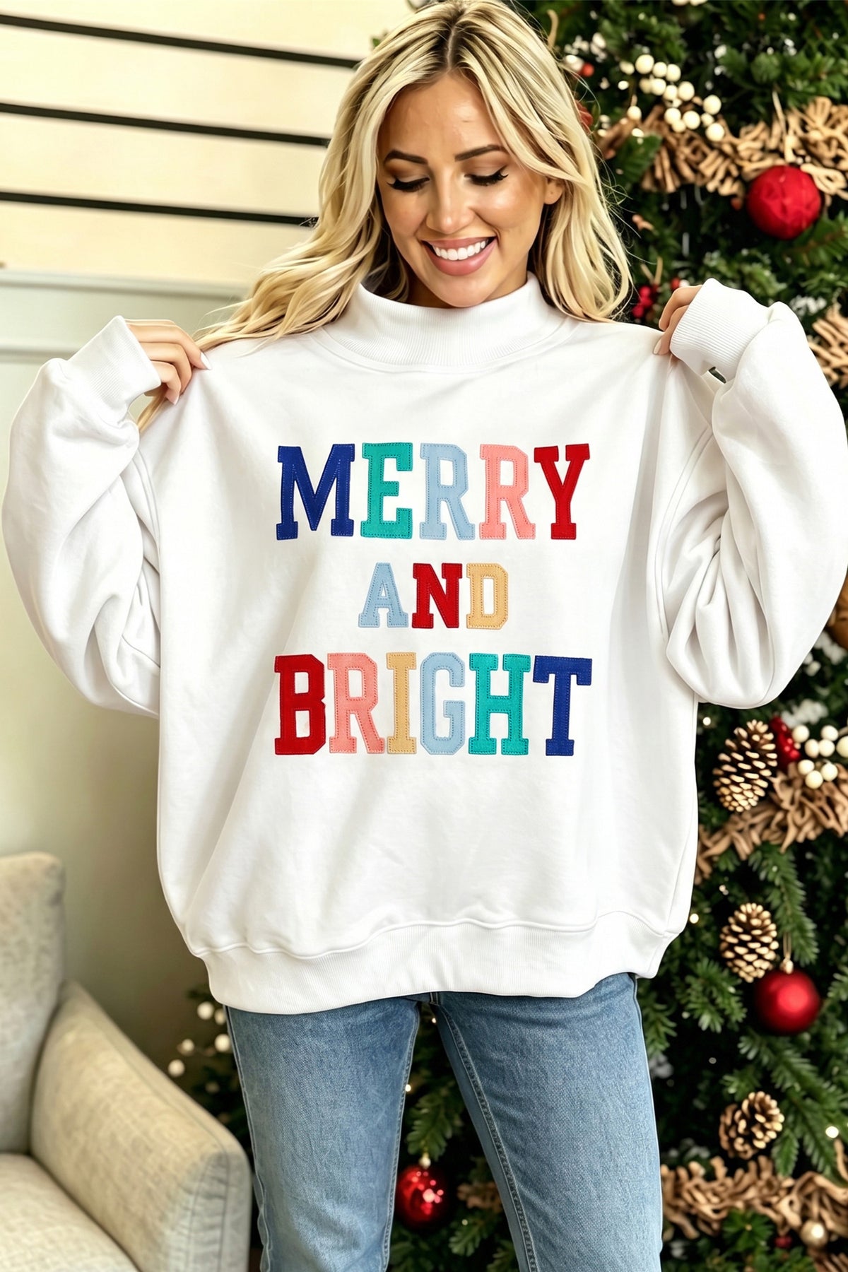 Peach Blossom MERRY AND BRIGHT Stitched Sweatshirt