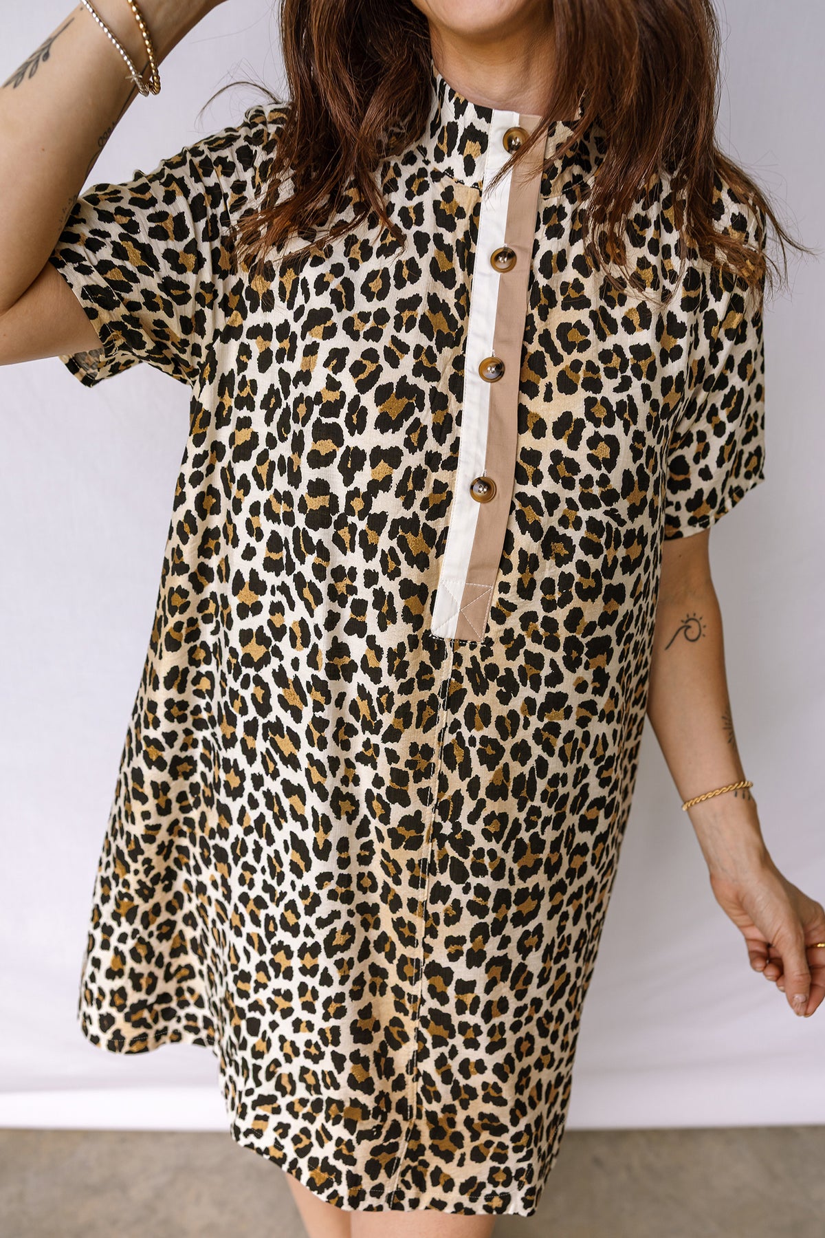 Multicolour Half Buttons Short Sleeve Leopard Mini Dress with Pockets