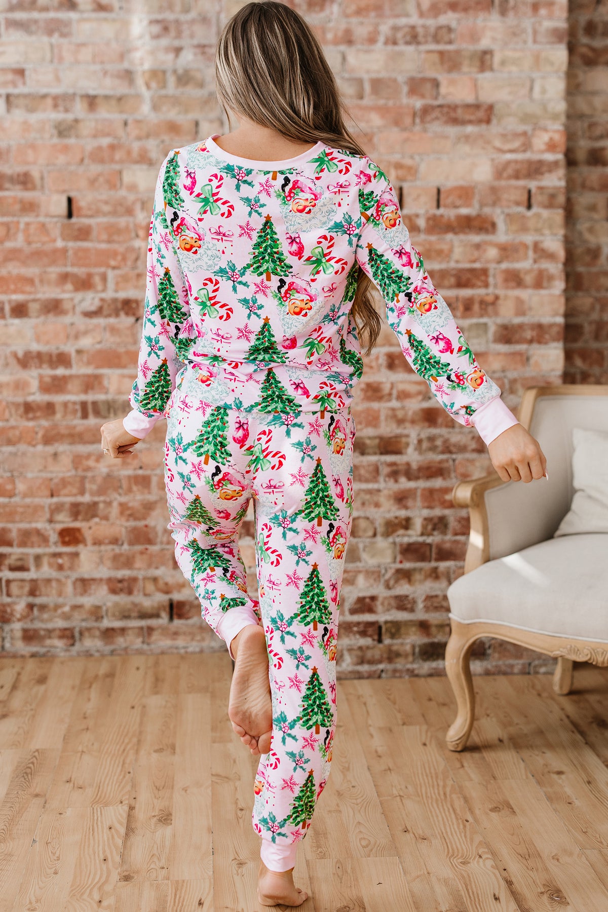 White Christmas Button V Neck Pullover Drawstring Pants Lounge Set