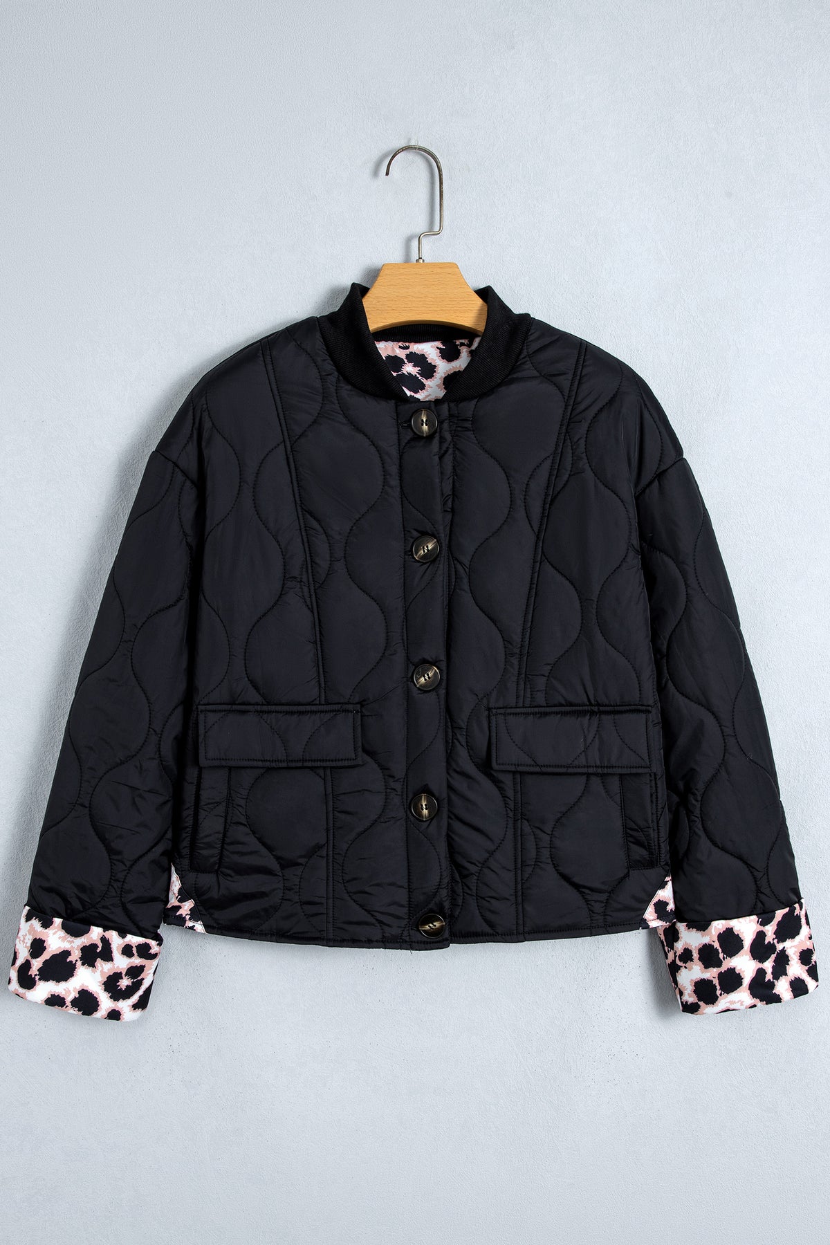 Black Quilted Leopard Cuff Button Down Puffer Jacket