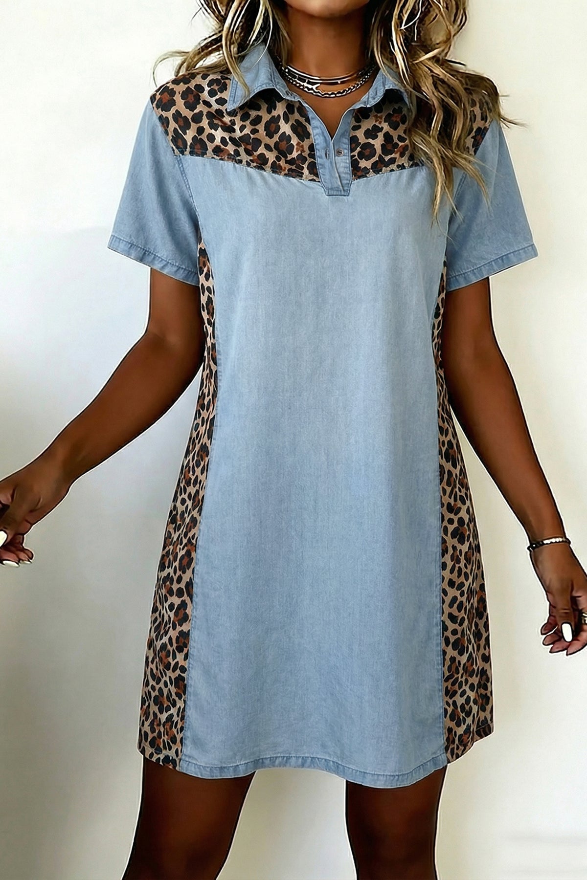 Myosotis Denim Color Block Leopard Patchwork T Shirt Mini Dress