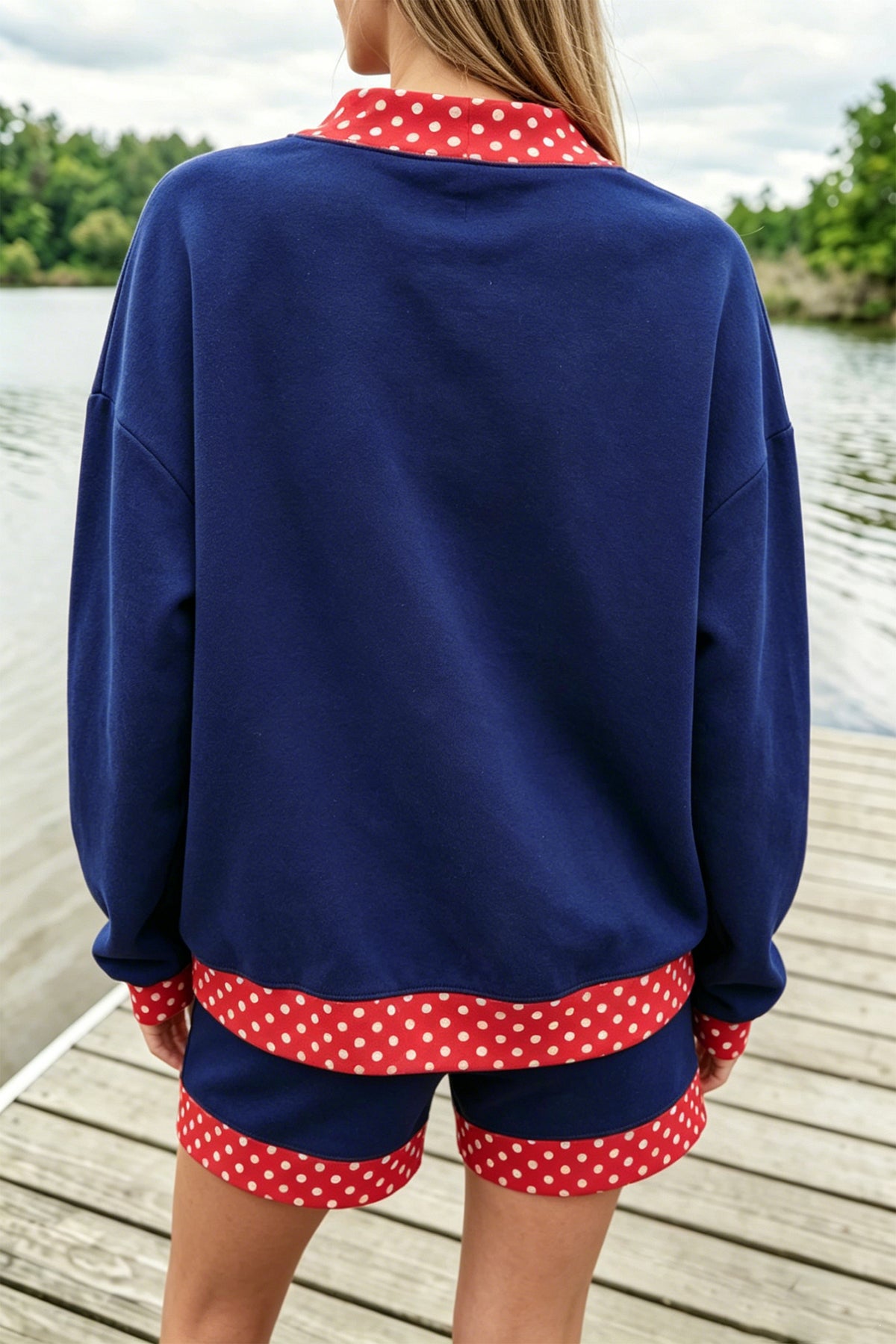 Women's Navy Blue Polka Dot Trim Baggy Pullover Two-Piece Shorts Set