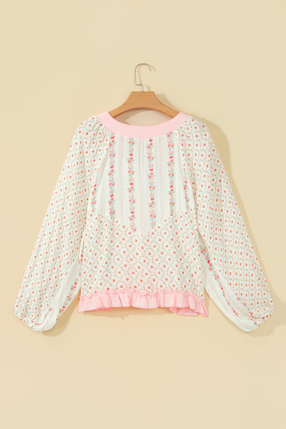 Beige Floral Print Color Block Trim Lace-up V Neck Blouse