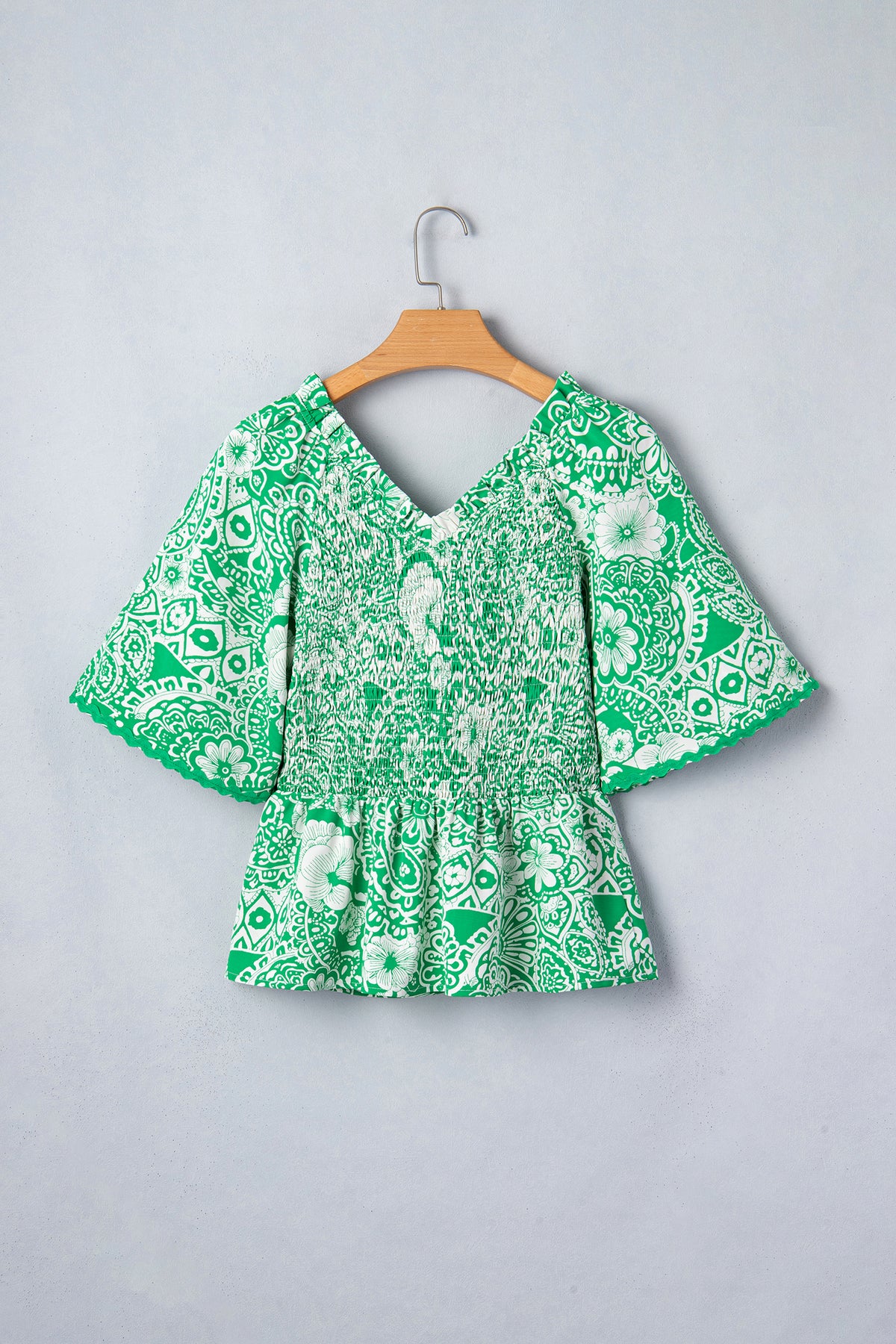 Green Flirty Floral Smocked V Neck Blouse