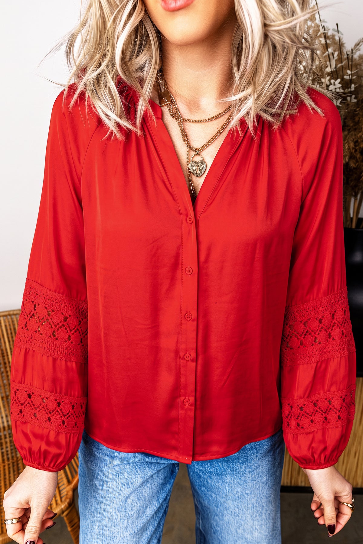 Fiery Red Patchwork Lace V Neck Button Front Shirt