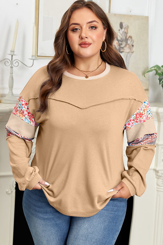 Khaki Exposed Seam Floral Mixed Patchwork Plus Size Top