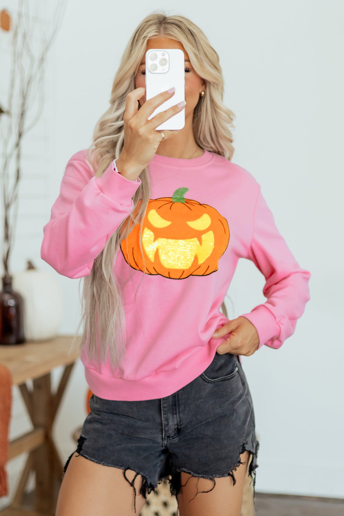 Pink Embroidered Pumpkin Face Round Neck Sweatshirt