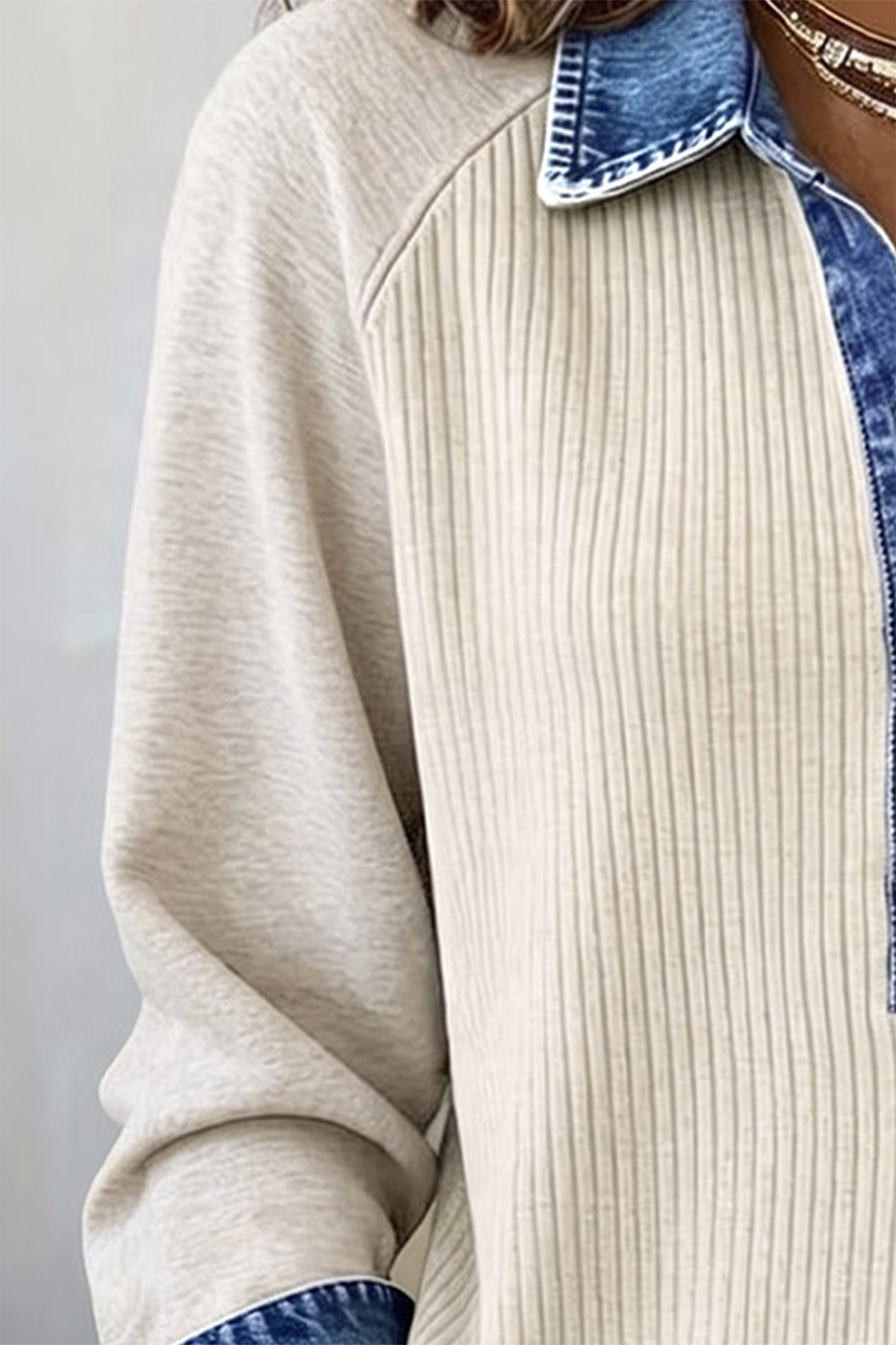 Light Grey Ribbed Denim Colorblock Button Collar Top