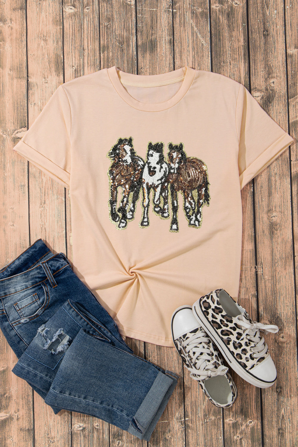 Khaki Sequin Horses Patched Casual Crewneck T-Shirt