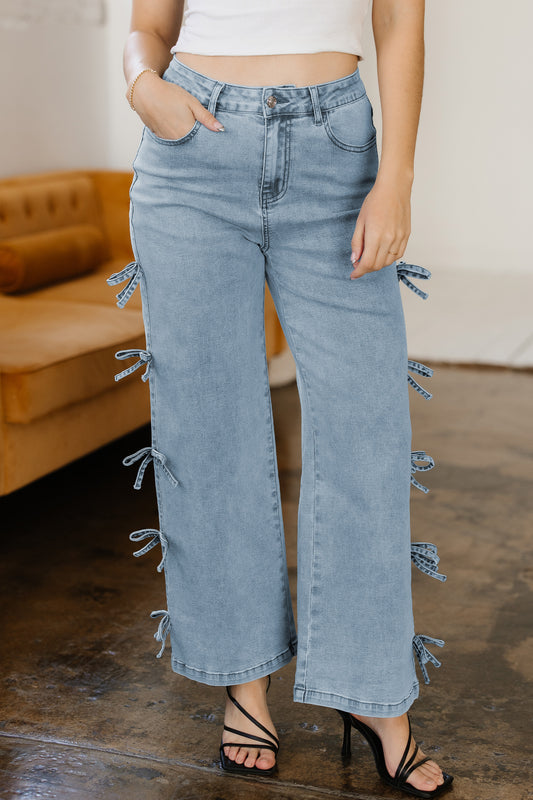 Beau Blue Bow Knot Side Straight Leg Loose Jeans