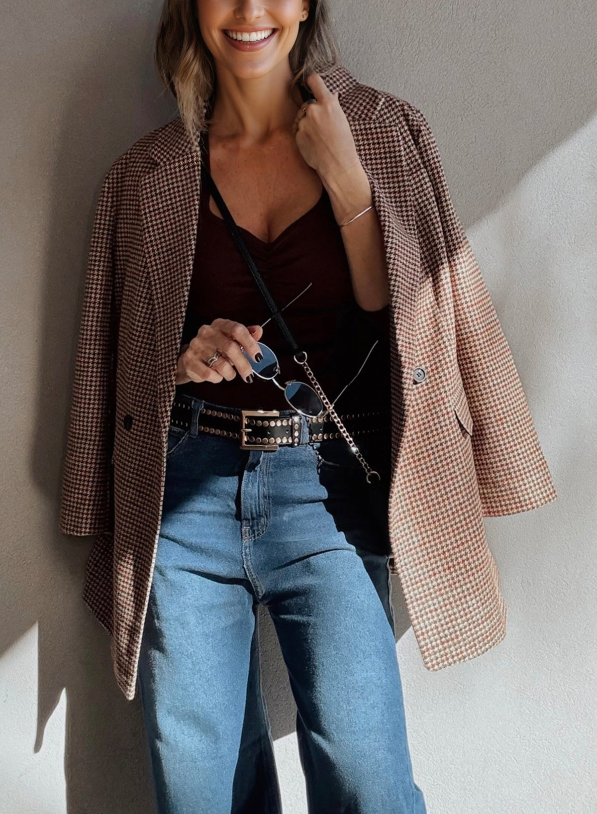 Brown Houndstooth Lapel Collar Blazer