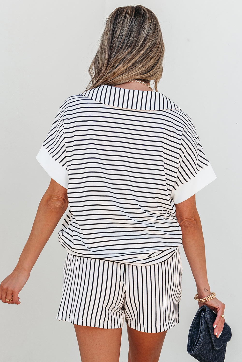 Women's Black Stripe V-Neck Tee and Casual Shorts Set