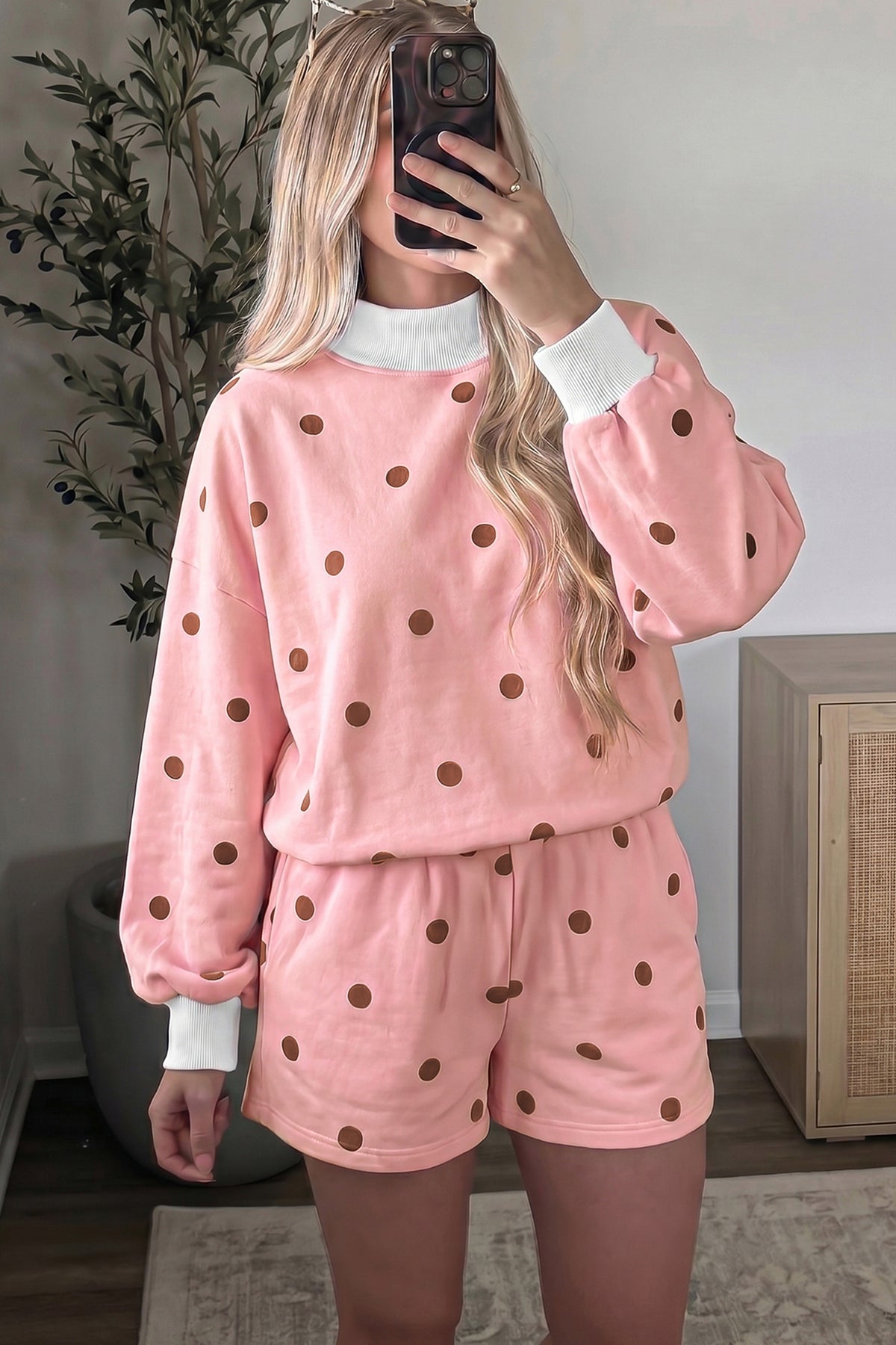 Women's Pink Polka Dot Ribbed Trim Long-Sleeve Top Casual Shorts Set