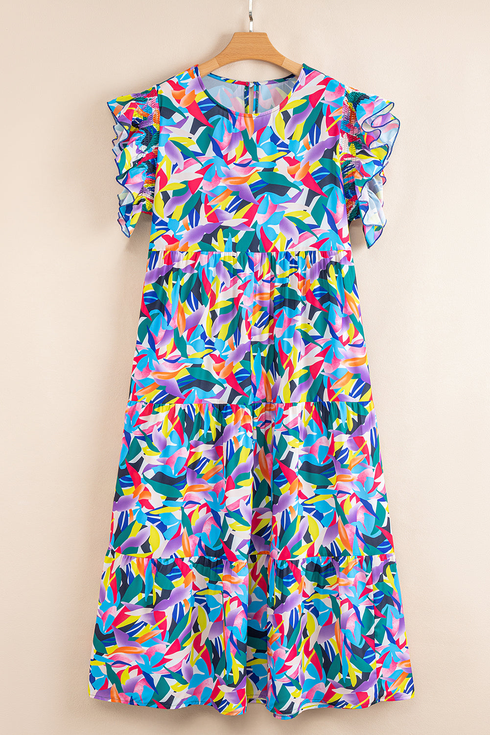 Blue Geometric Print Ruffled Short-Sleeve Plus Size Tiered Maxi Dress