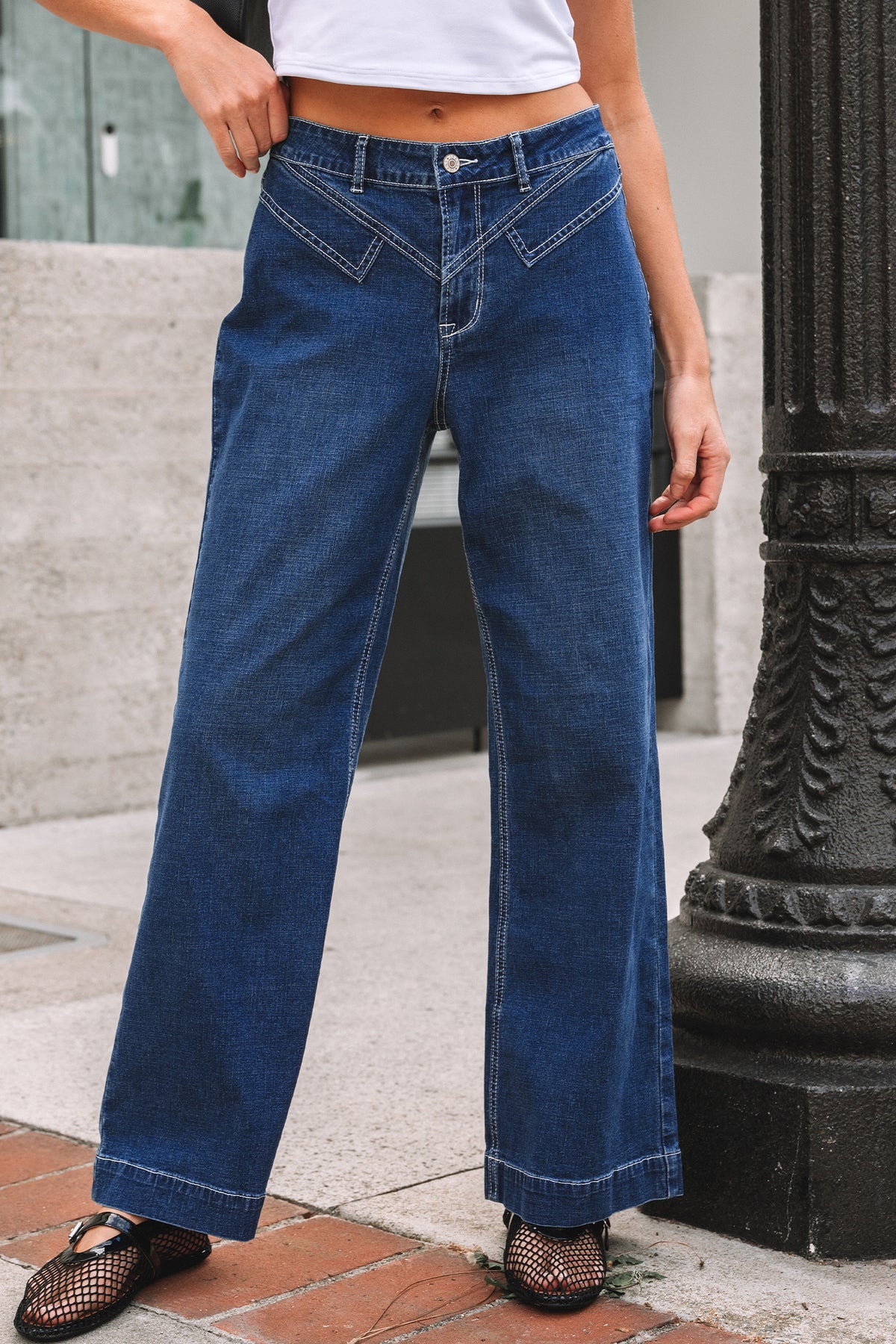 Sail Blue Stitched Waist Loose Cuffed Jeans