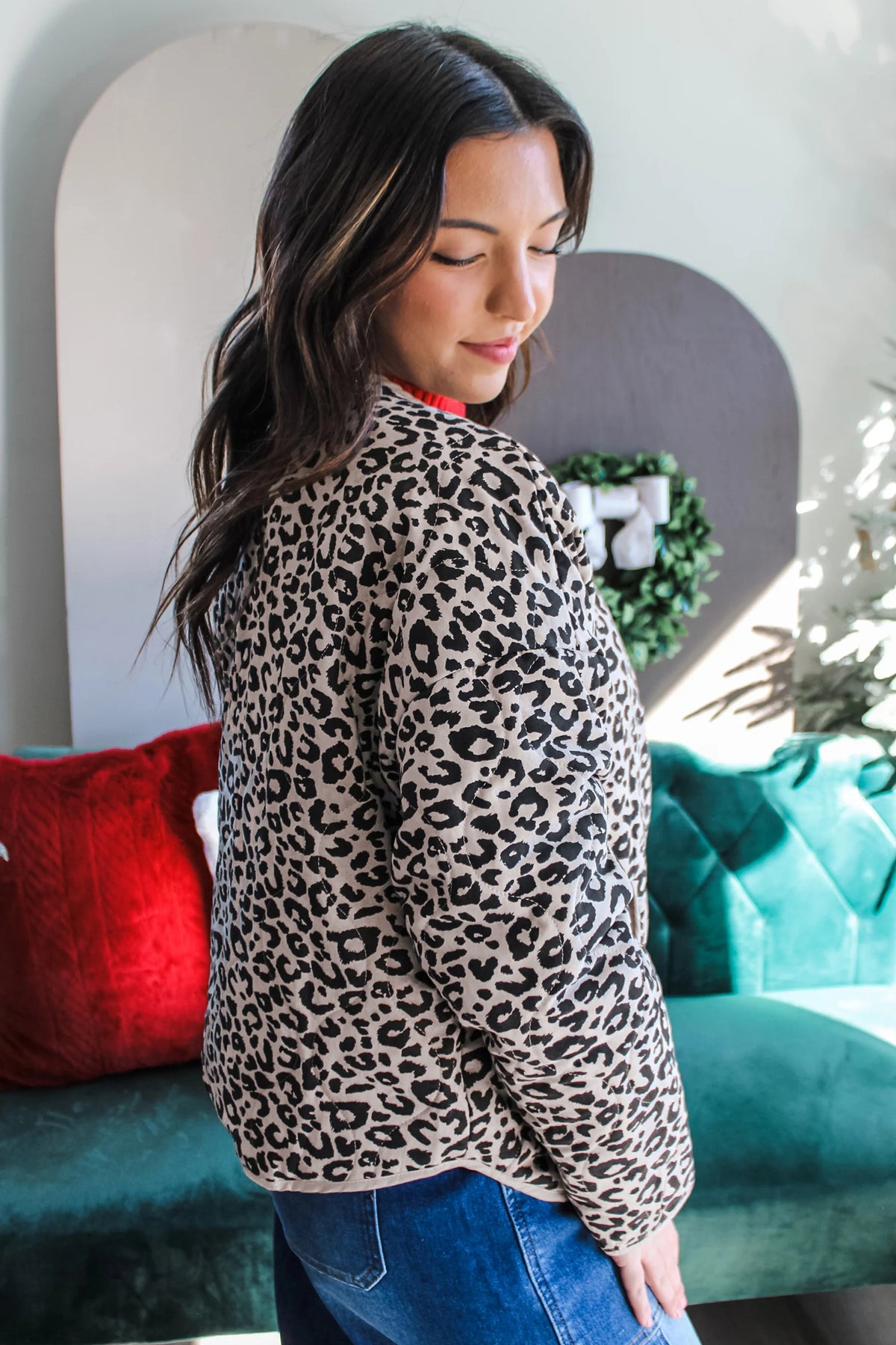Khaki Leopard Print Patch Pockets Binding Tape Long Sleeve Jacket