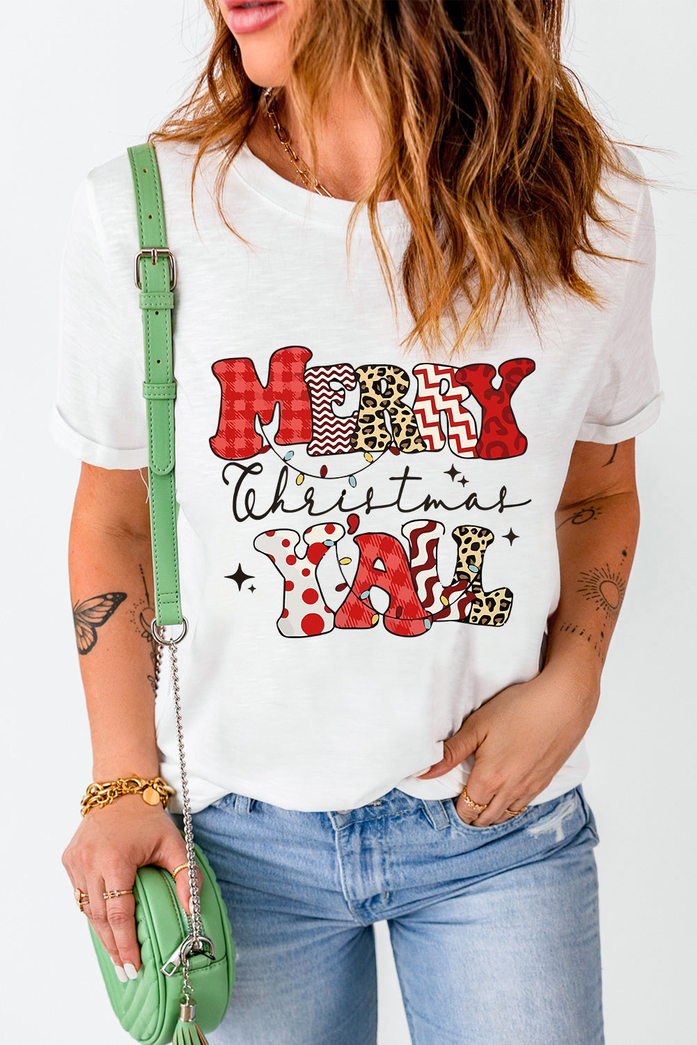 White MERRY Christmas YAll Graphic Crewneck T-Shirt